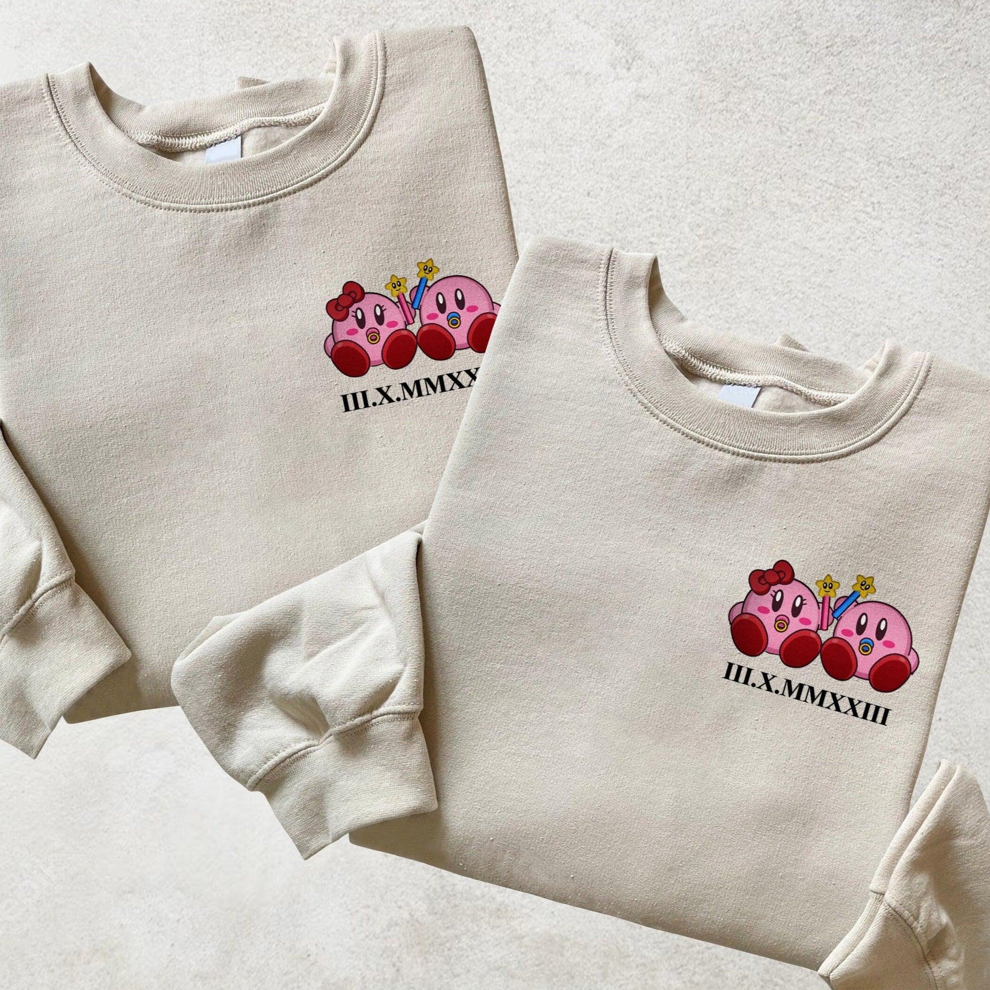Custom Embroidered Sweatshirts For Couples, Custom Matching Couple Hoodies, Kirby Couples Roman Numeral Date Crewneck Embroidered Sweatshirt