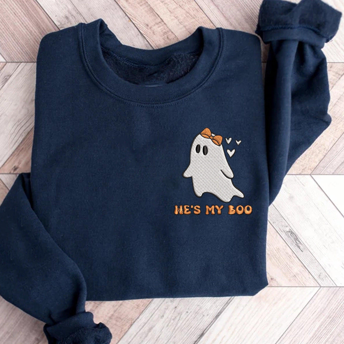 Custom Embroidered Halloweeen Sweatshirts For Couples, Custom Matching Couple Hoodies, He's My Boo She's My Boo Embroidered Halloween Sweatshirt