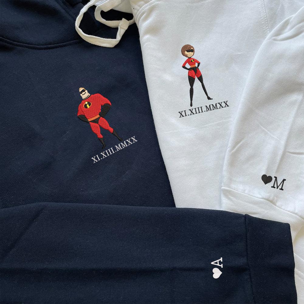 Custom Embroidered Roman Numeral Hoodies for Couples, Superhero Duo Matching Hoodie, Anniversary Gift