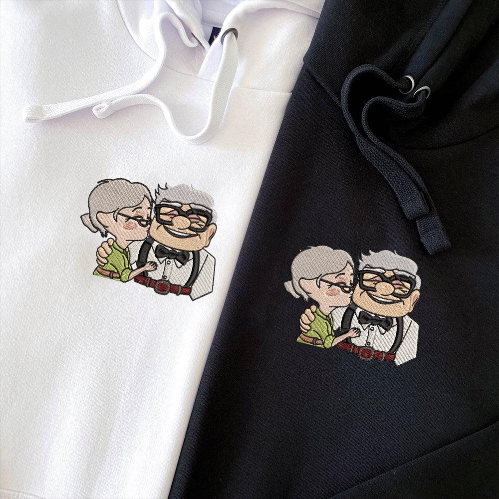 Custom Embroidered Hoodies For Couples, Custom Matching Couple Hoodie, Cute Cartoon Ellie x Carl Couples Embroidered Hoodie V1