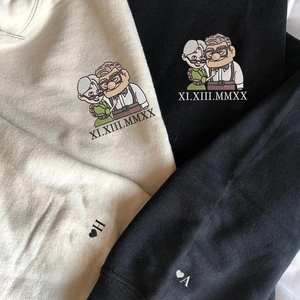 Custom Embroidered Roman Numeral Hoodies For Couples, Roman Numeral Date Hoodie, Cute Ellie x Carl Couples Embroidered Hoodie V2