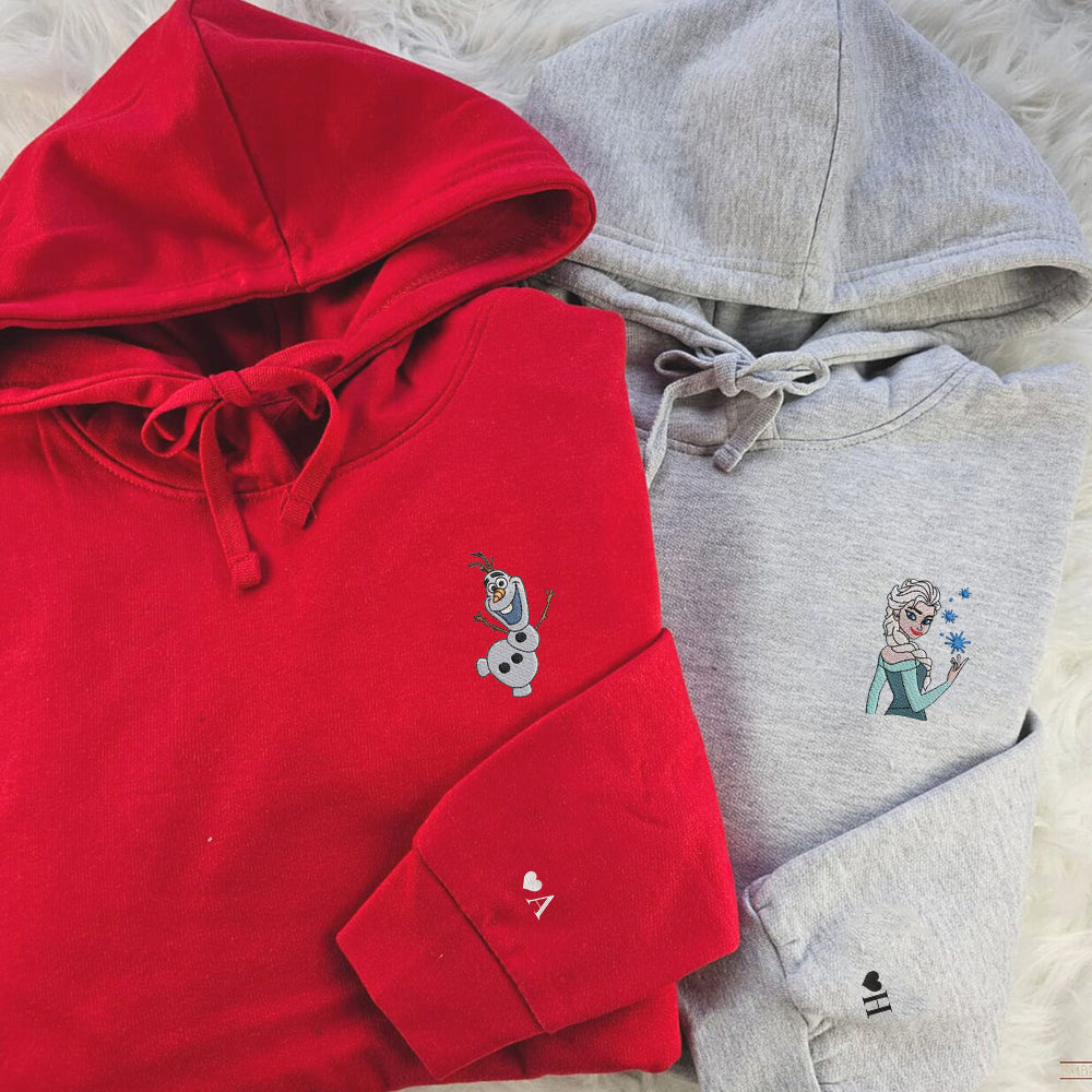 Custom Embroidered Hoodies For Couples, Personalized Couple Hoodies, His Her Hoodies, Cute Frozen Princess Couples Embroidered Hoodie