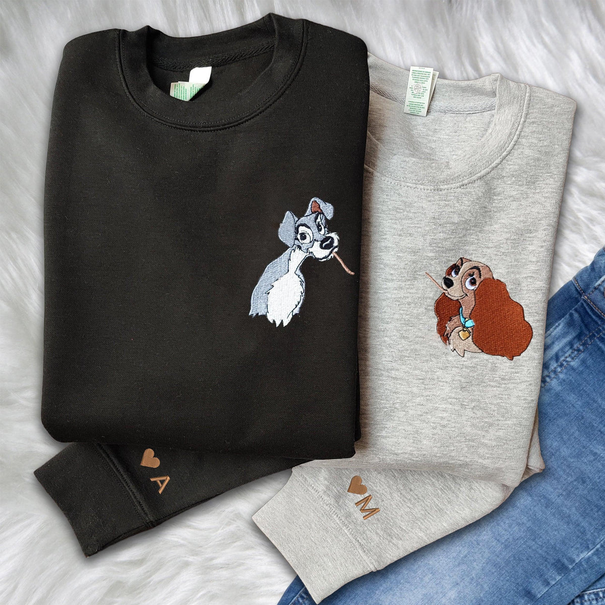 Custom Embroidered Sweatshirts For Couples, Custom Matching Couple Hoodies, Cartoon Dog Couple Lovely Embroidered Matching Couples Sweatshirt