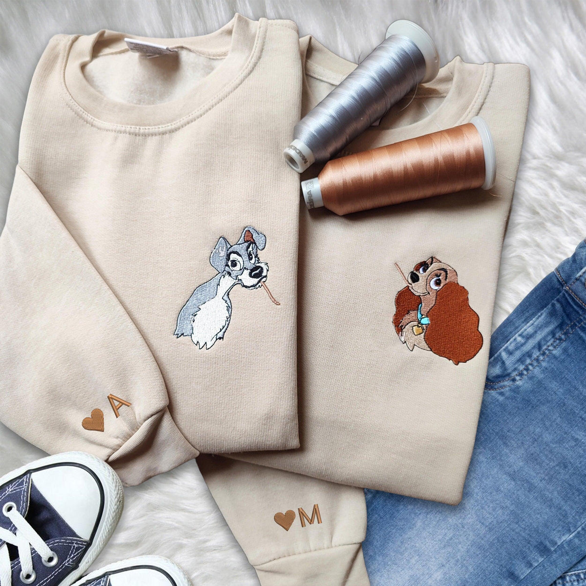 Custom Embroidered Sweatshirts For Couples, Custom Matching Couple Hoodies, Cartoon Dog Couple Lovely Embroidered Matching Couples Sweatshirt