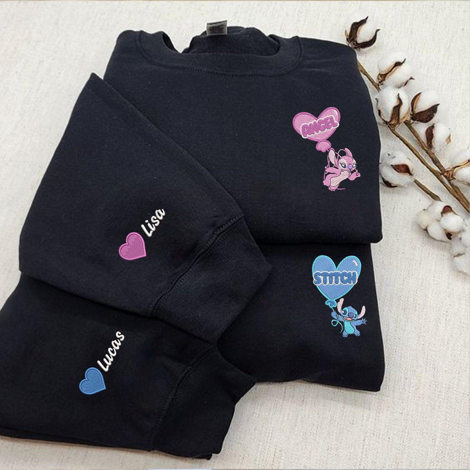 Custom Embroidered Sweatshirts For Couples, Custom Matching Couple Hoodies, Stitch x Angel Heart Balloons Couples Crewneck Embroidered Sweatshirt
