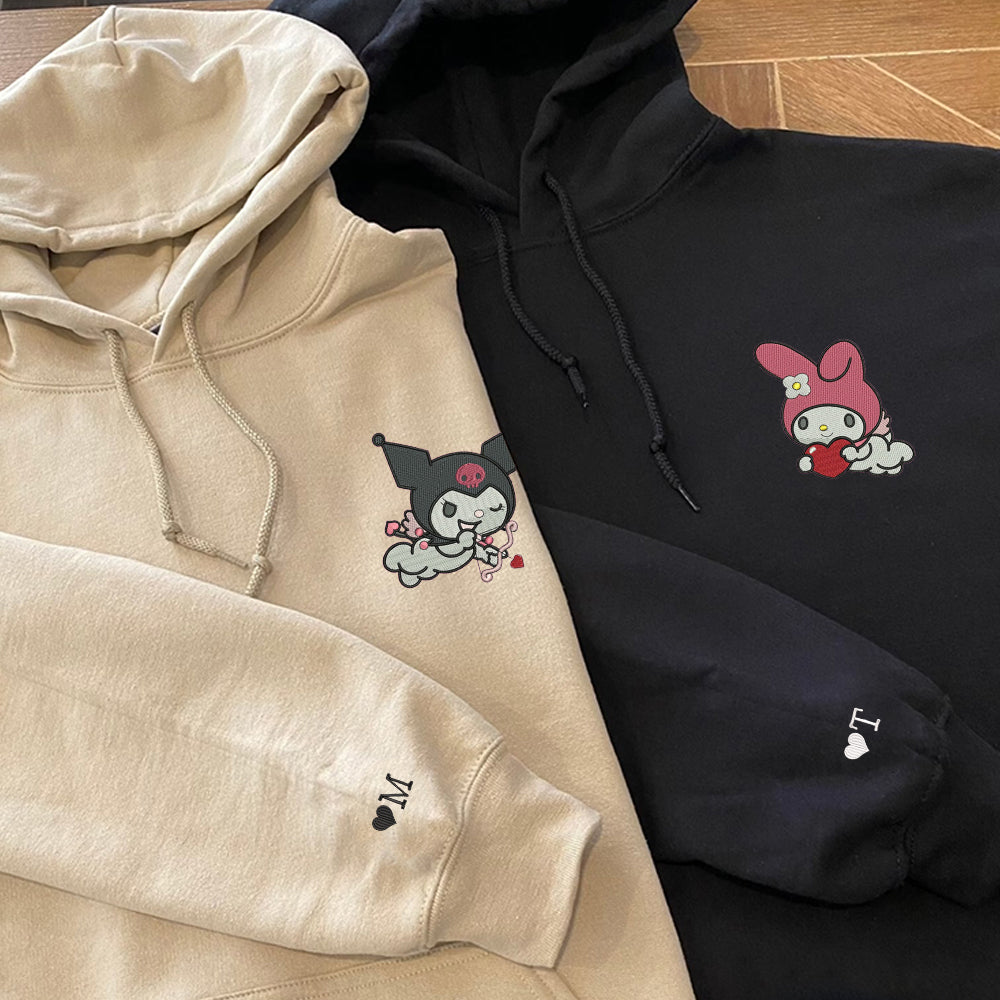 Custom Embroidered Hoodies For Couples, Cute Evil Cat x Bunny Cartoon Couples Embroidered Hoodie
