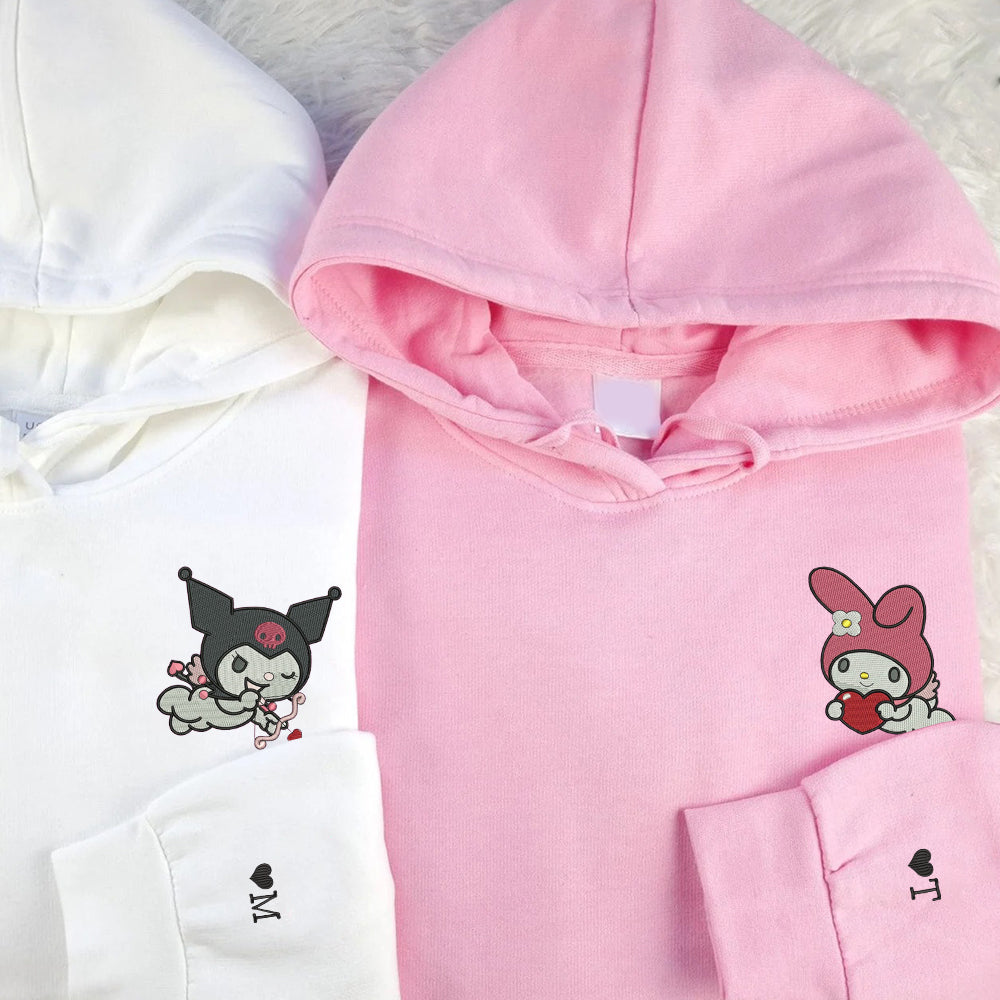 Custom Embroidered Hoodies For Couples, Cute Evil Cat x Bunny Cartoon Couples Embroidered Hoodie