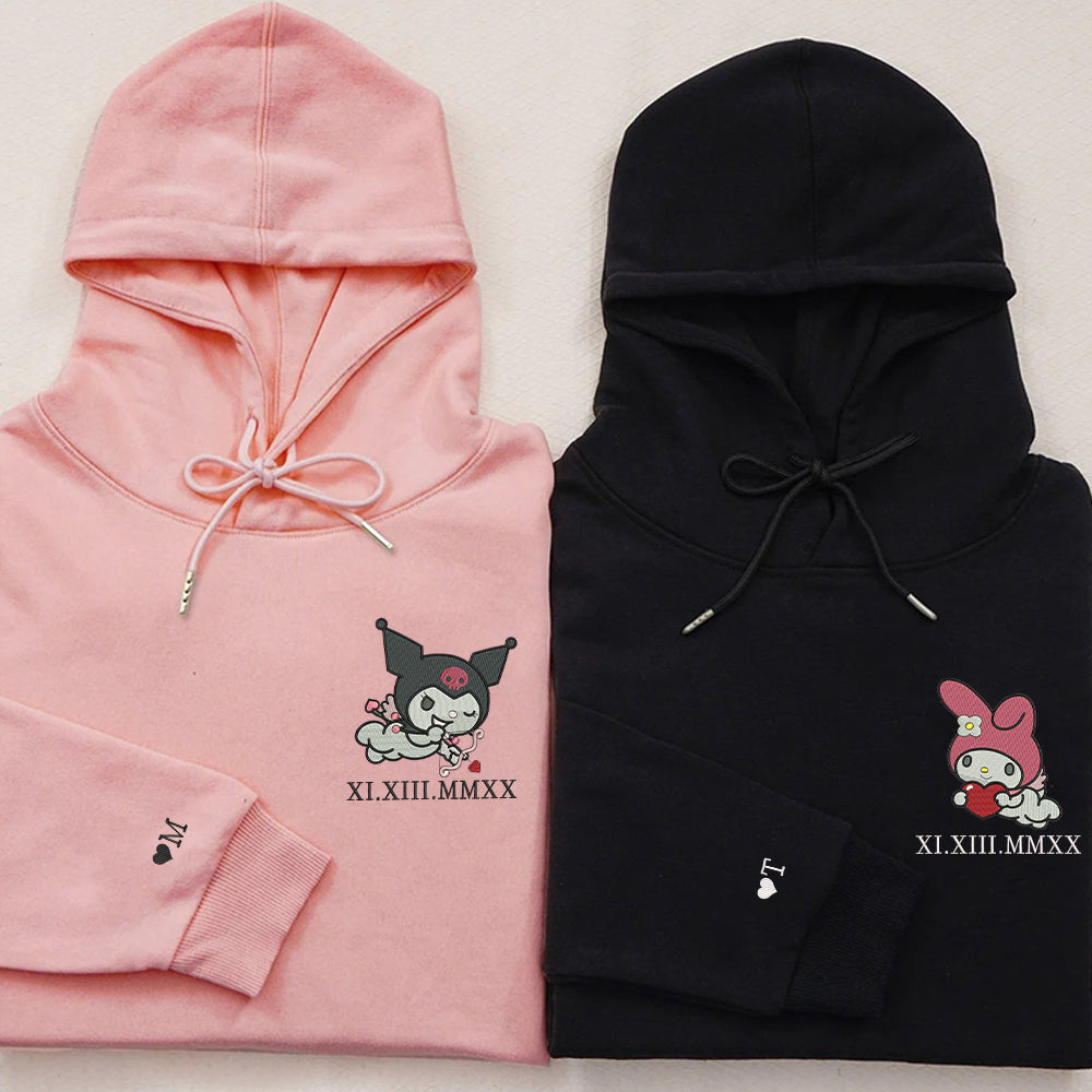 Custom Embroidered Roman Numeral Date Hoodies For Couples, Cute Evil Cat x Bunny Couples Embroidered Hoodie