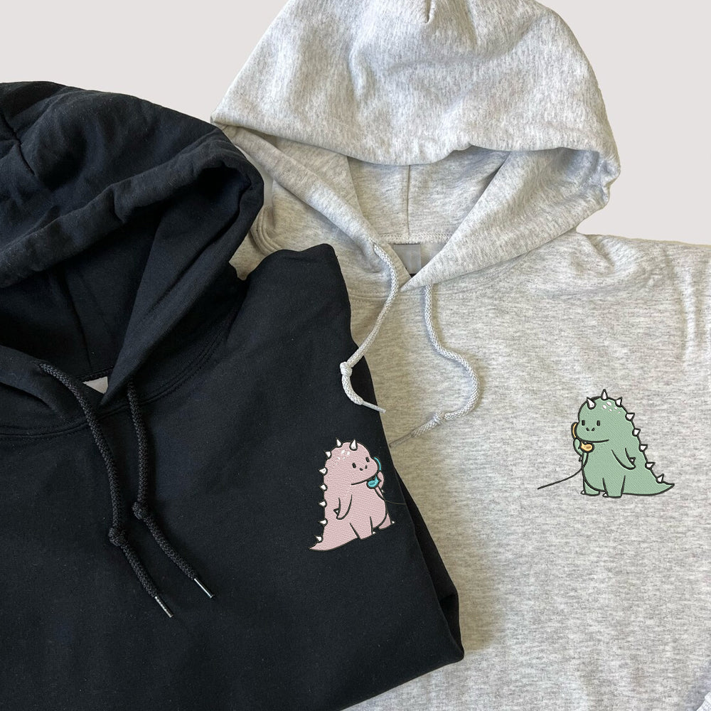 Custom Embroidered Hoodies For Couples, Cute Cartoon Funny Dinosaur Couples Embroidered Hoodie