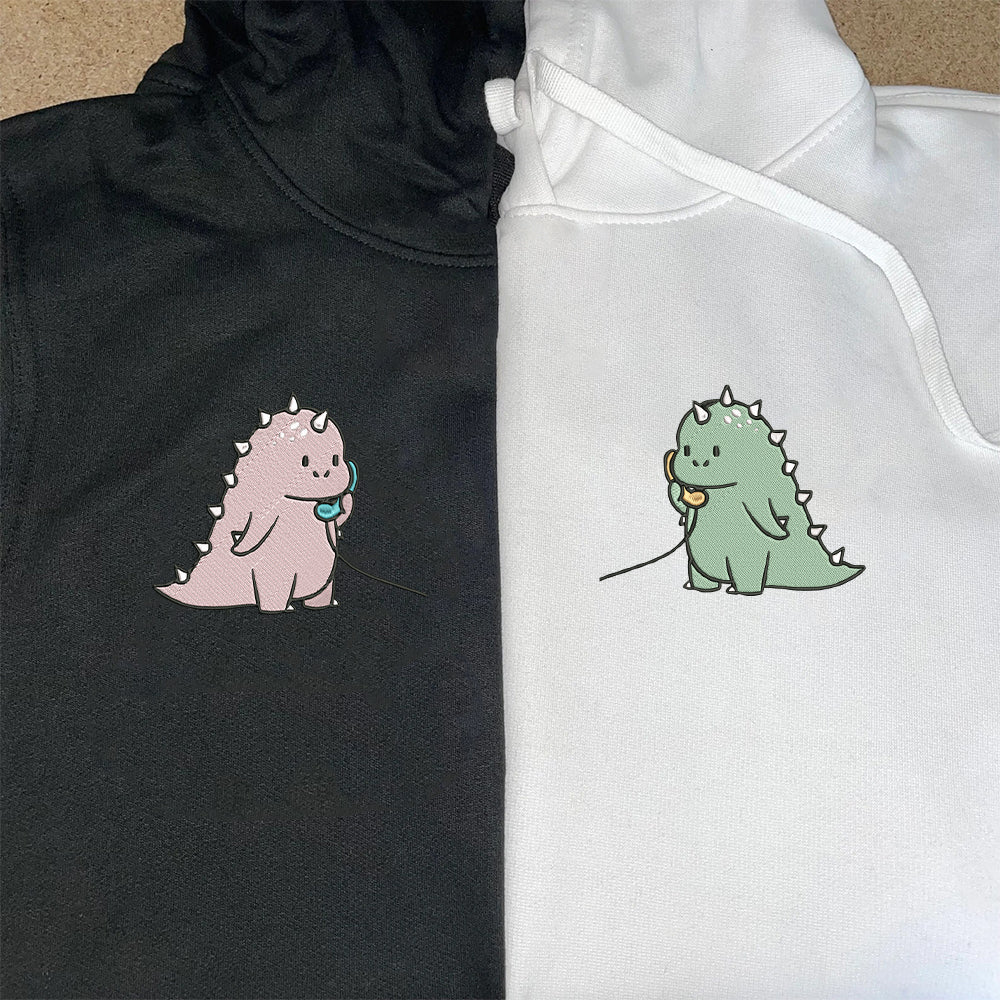 Custom Embroidered Hoodies For Couples, Cute Cartoon Funny Dinosaur Couples Embroidered Hoodie