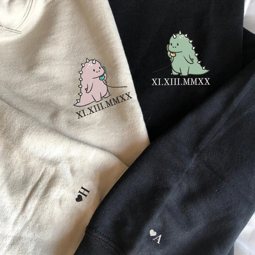 Custom Embroidered Roman Numeral Date Hoodies For Couples, Funny Cartoon Streetwear Dinosaur Couples Embroidered Hoodie