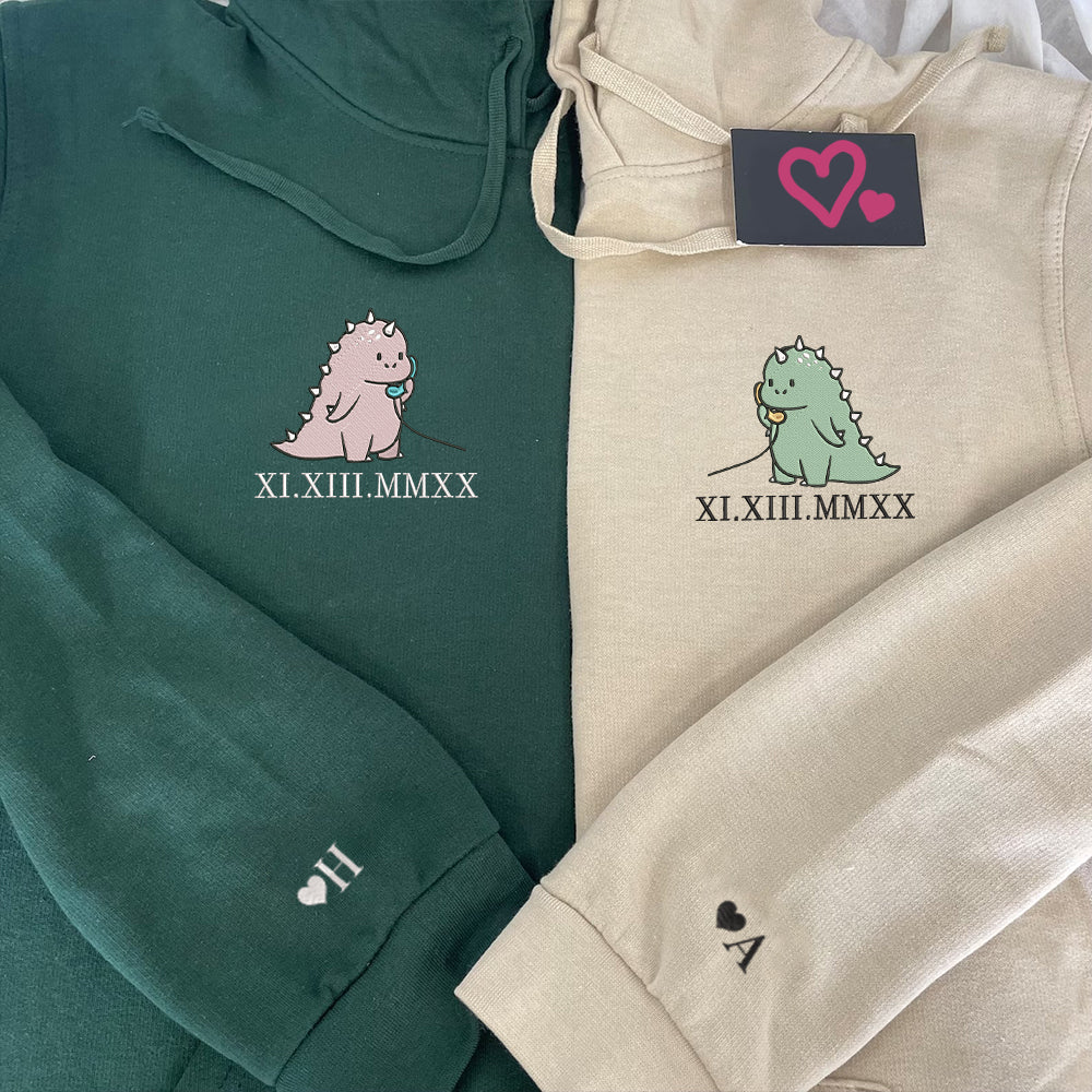 Custom Embroidered Roman Numeral Date Hoodies For Couples, Funny Cartoon Streetwear Dinosaur Couples Embroidered Hoodie