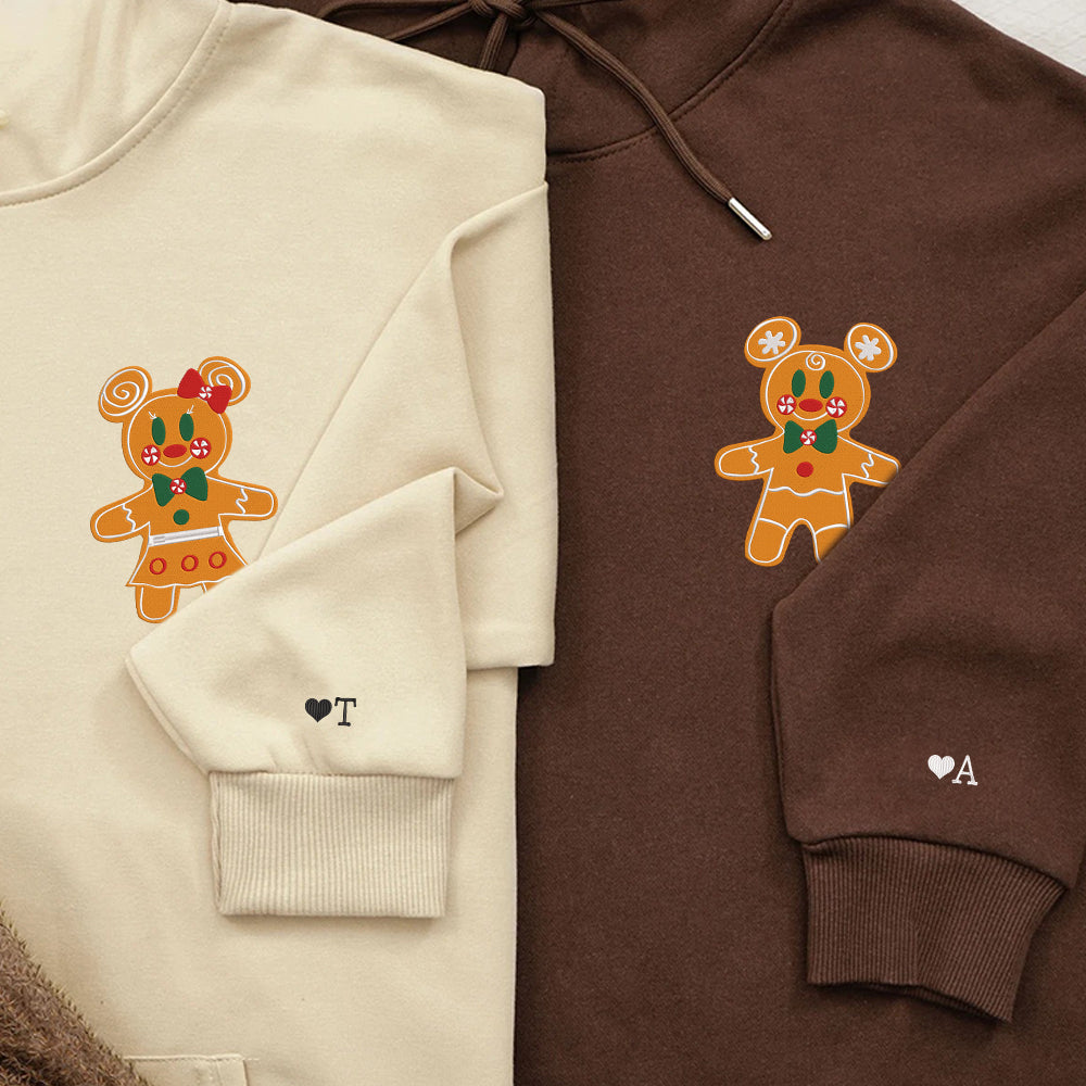 Custom Embroidered Hoodies For Couples, Cute Gingerbread Christmas Mouse Couples Embroidered Hoodie