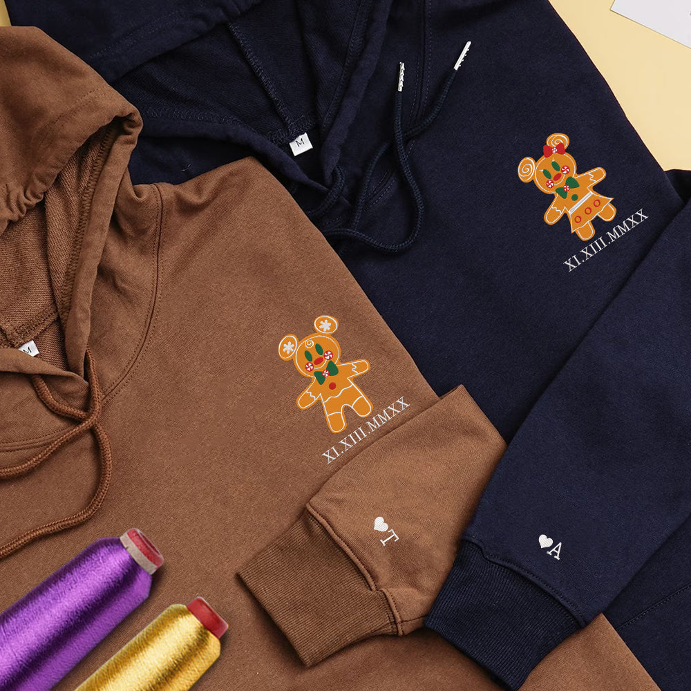 Custom Embroidered Roman Numeral Date Hoodies For Couples, Gingerbread Christmas Mouse Couples Embroidered Hoodie