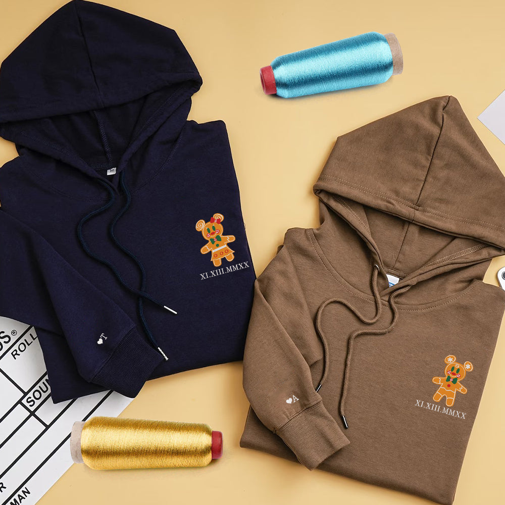 Custom Embroidered Roman Numeral Date Hoodies For Couples, Gingerbread Christmas Mouse Couples Embroidered Hoodie