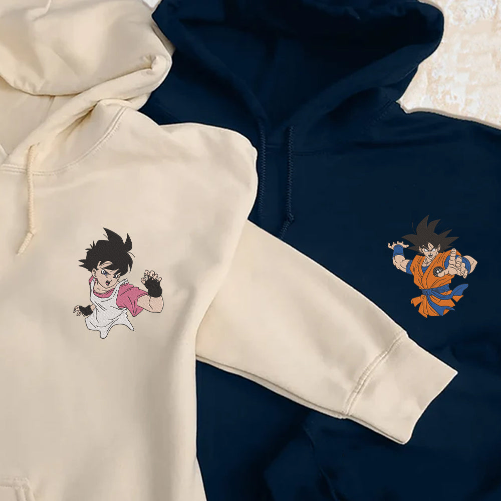 Custom Embroidered Hoodies For Couples, Cute Cartoon Goku x Videl Couples Embroidered Hoodie