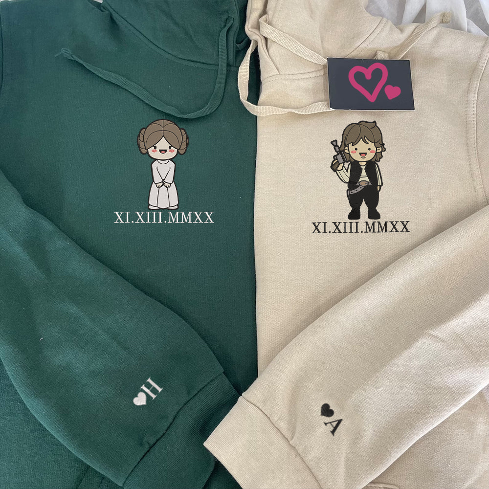 Custom Embroidered Roman Numeral Date Hoodies For Couples, Cute Hans and Leia Couples Embroidered Hoodie