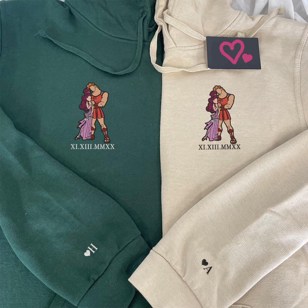 Custom Embroidered Roman Numeral Hoodies For Couples, Roman Numeral Date Hoodie, Hercules Cartoon Couples Embroidered Hoodie