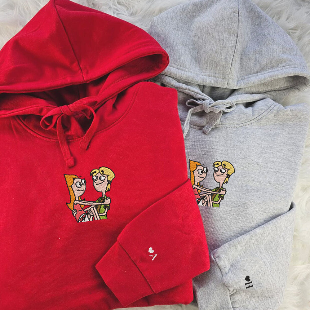 Custom Embroidered Hoodies For Couples, Personalized Couple Hoodies, His Her Hoodies, Cute Cartoons Couples Embroidered Hoodie V2