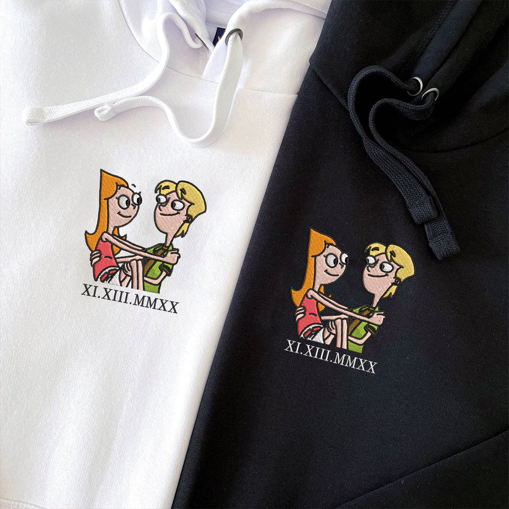 Custom Embroidered Roman Numeral Hoodies For Couples, Roman Numeral Date Hoodie, Cute Cartoon Couples Embroidered Hoodie V2