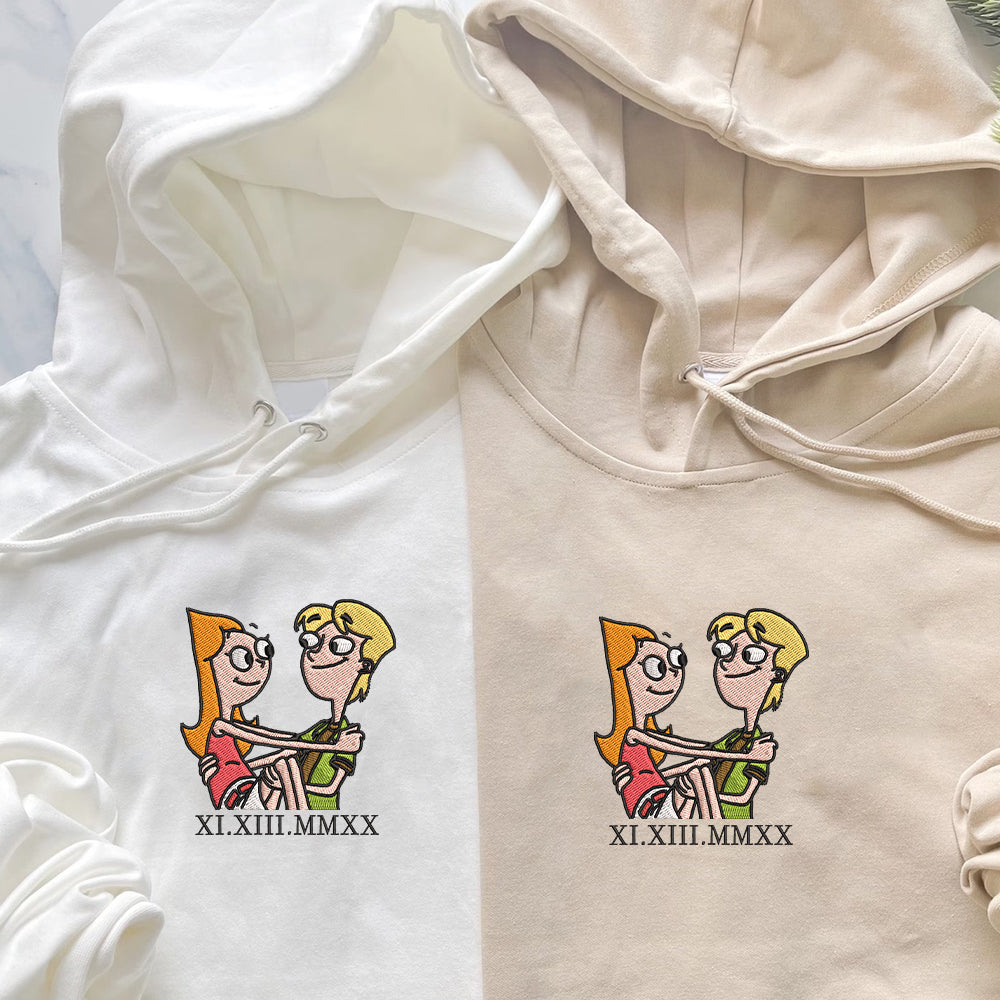 Custom Embroidered Roman Numeral Hoodies For Couples, Roman Numeral Date Hoodie, Cute Cartoon Couples Embroidered Hoodie V2