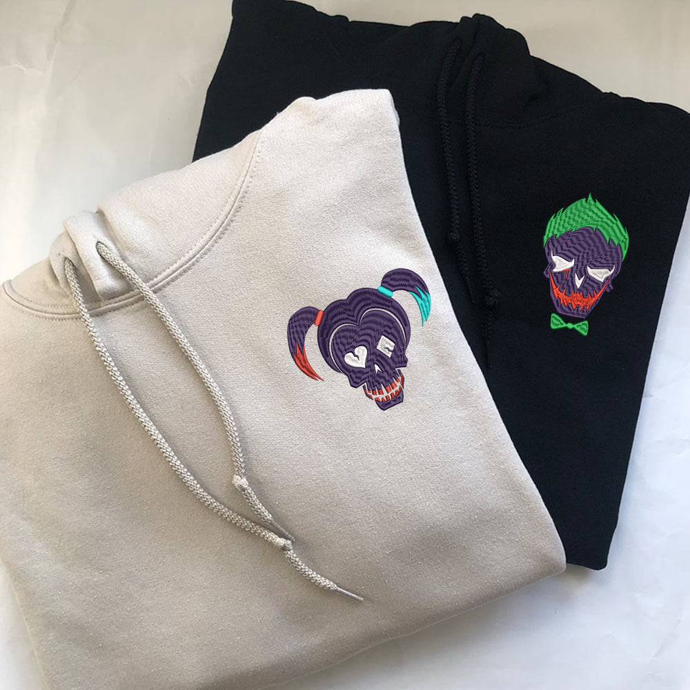 Custom Embroidered Hoodies For Couples, Personalized Couple Hoodies, His Her Hoodies, Cute Cartoon Joker Queen Couples Embroidered Hoodie