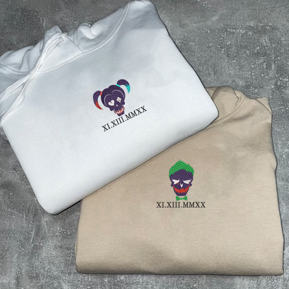 Custom Embroidered Roman Numeral Hoodies For Couples, Roman Numeral Date Hoodie, Cute Cartoon Couples Embroidered Hoodie V3