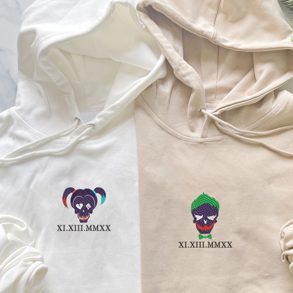 Custom Embroidered Roman Numeral Hoodies For Couples, Roman Numeral Date Hoodie, Cute Cartoon Couples Embroidered Hoodie V3