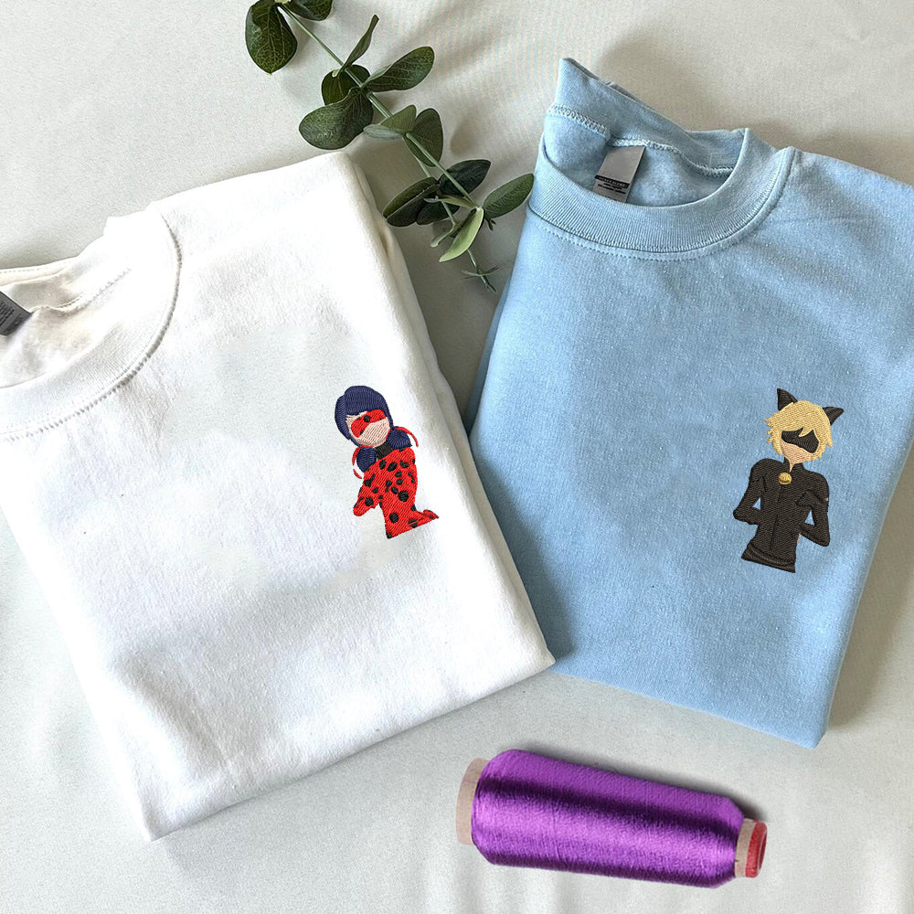 Custom Embroidered Sweatshirts For Couples, Custom Matching Couple Sweatshirt, Cute Ladybug Cartoon Couples Embroidered Crewneck Sweater