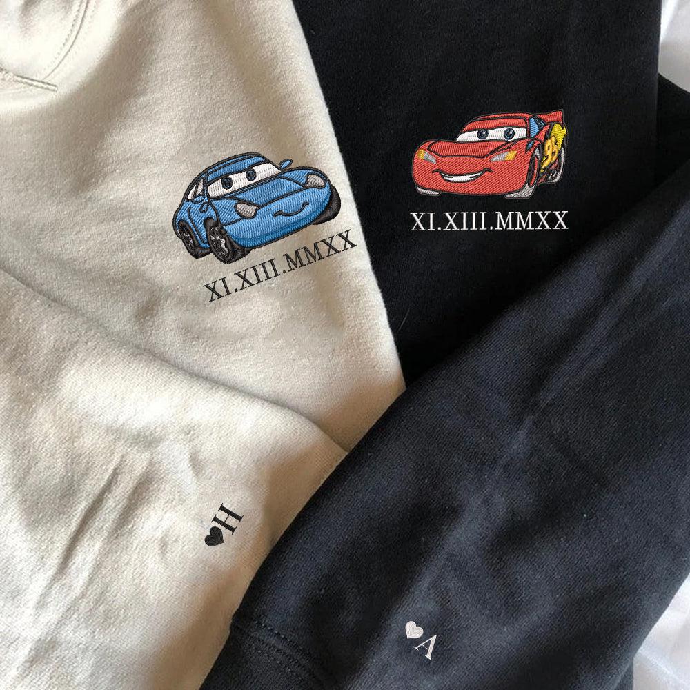 Custom Embroidered Roman Numeral Hoodies For Couples, Roman Numeral Date Hoodie, Lightning x Valepand Cartoon Cars Embroidered Hoodie