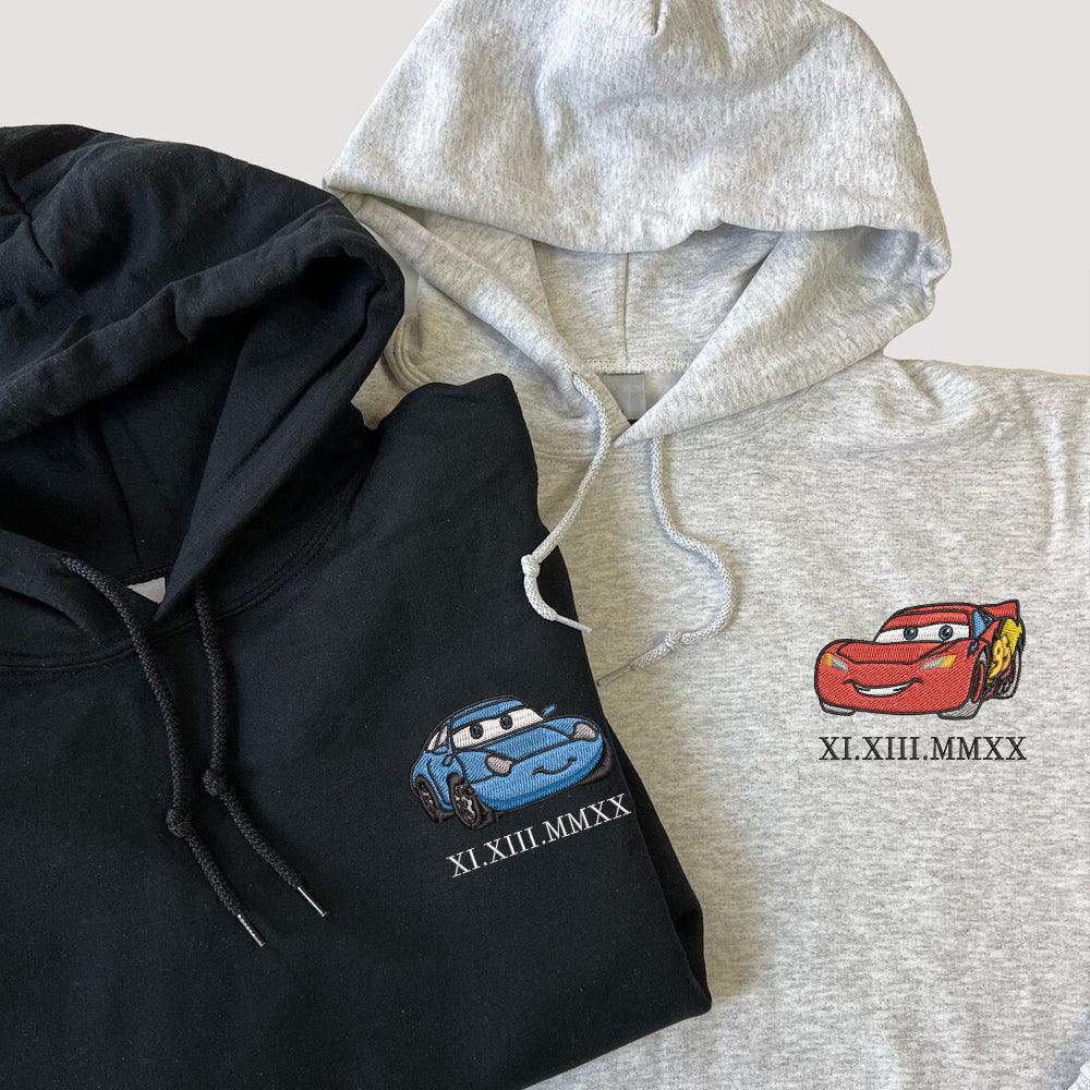 Custom Embroidered Roman Numeral Hoodies For Couples, Roman Numeral Date Hoodie, Lightning x Valepand Cartoon Cars Embroidered Hoodie