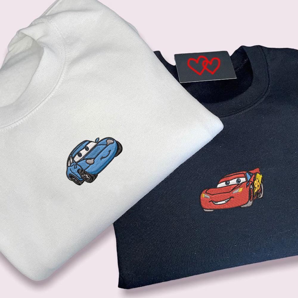 Custom Embroidered Sweatshirts For Couples, Custom Matching Couple Sweatshirt, Lightning x Valepand Cartoon Cars Embroidered Crewneck Sweater