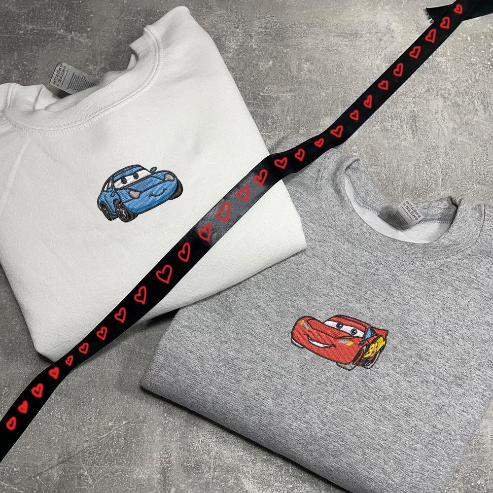 Custom Embroidered Sweatshirts For Couples, Custom Matching Couple Sweatshirt, Lightning x Valepand Cartoon Cars Embroidered Crewneck Sweater