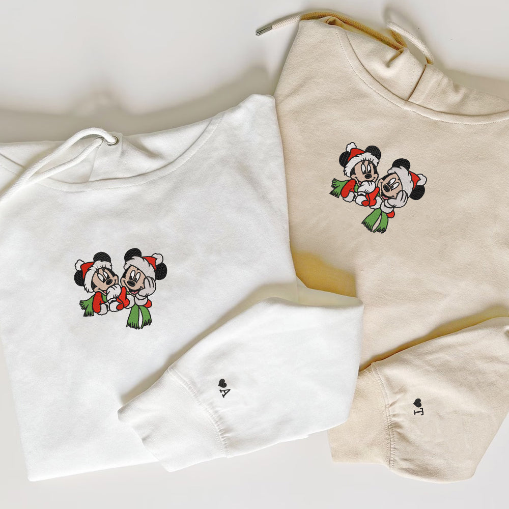 Custom Embroidered Hoodies For Couples, Personalized Couple Hoodies, His Her Hoodies, Cute Christmas Cartoon Mouses Couples Embroidered Hoodie