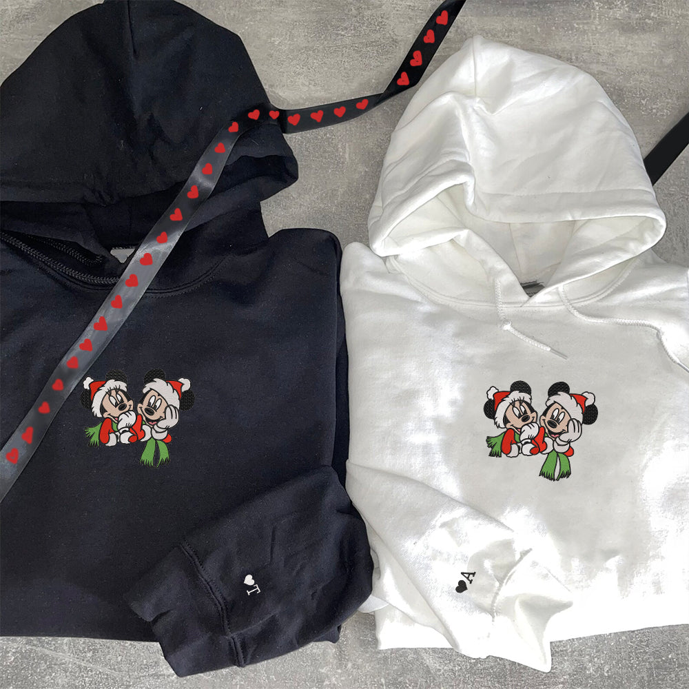 Custom Embroidered Hoodies For Couples, Personalized Couple Hoodies, His Her Hoodies, Cute Christmas Cartoon Mouses Couples Embroidered Hoodie