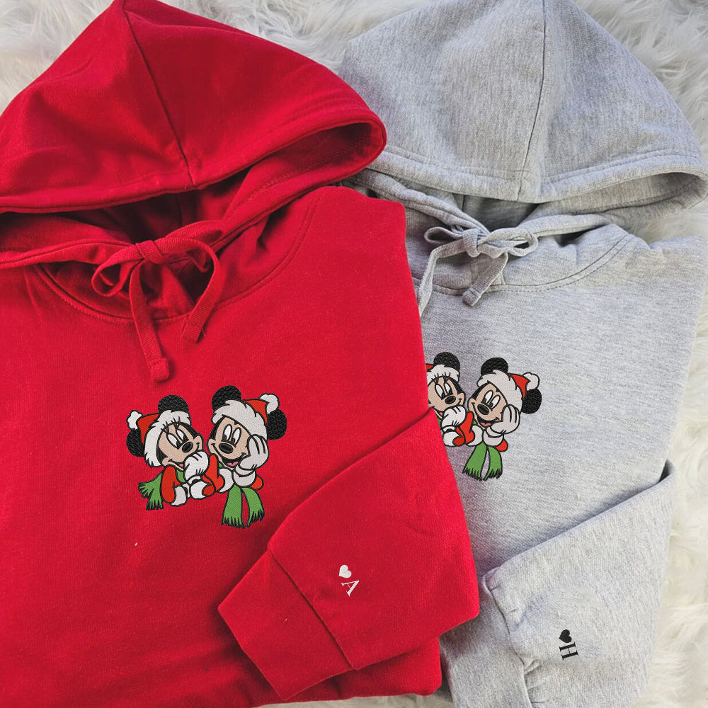 Custom Embroidered Hoodies For Couples, Personalized Couple Hoodies, His Her Hoodies, Cute Christmas Cartoon Mouses Couples Embroidered Hoodie