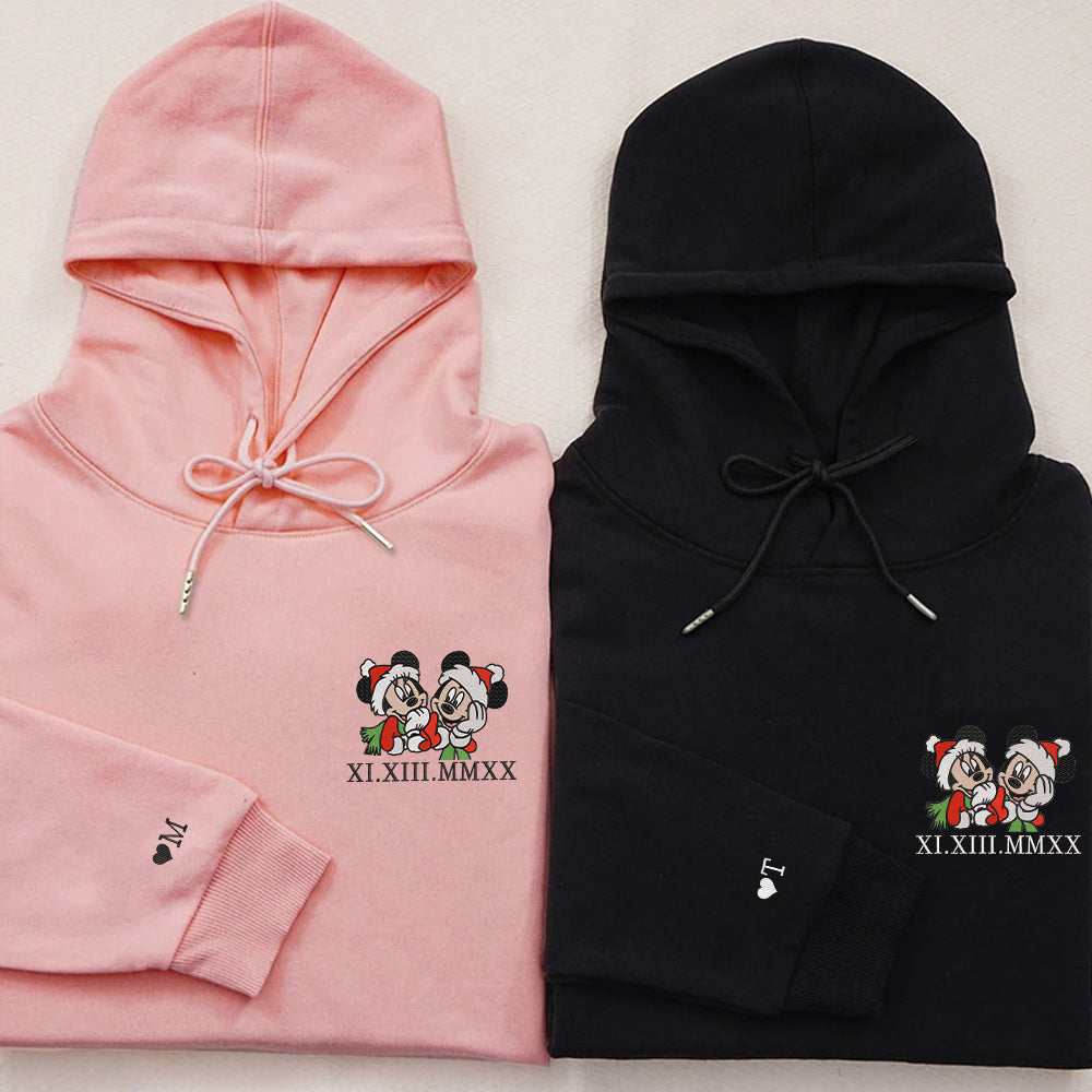 Custom Embroidered Roman Numeral Date Hoodies For Couples, Cute Cartoon Mouses Christmas Couples Embroidered Hoodie