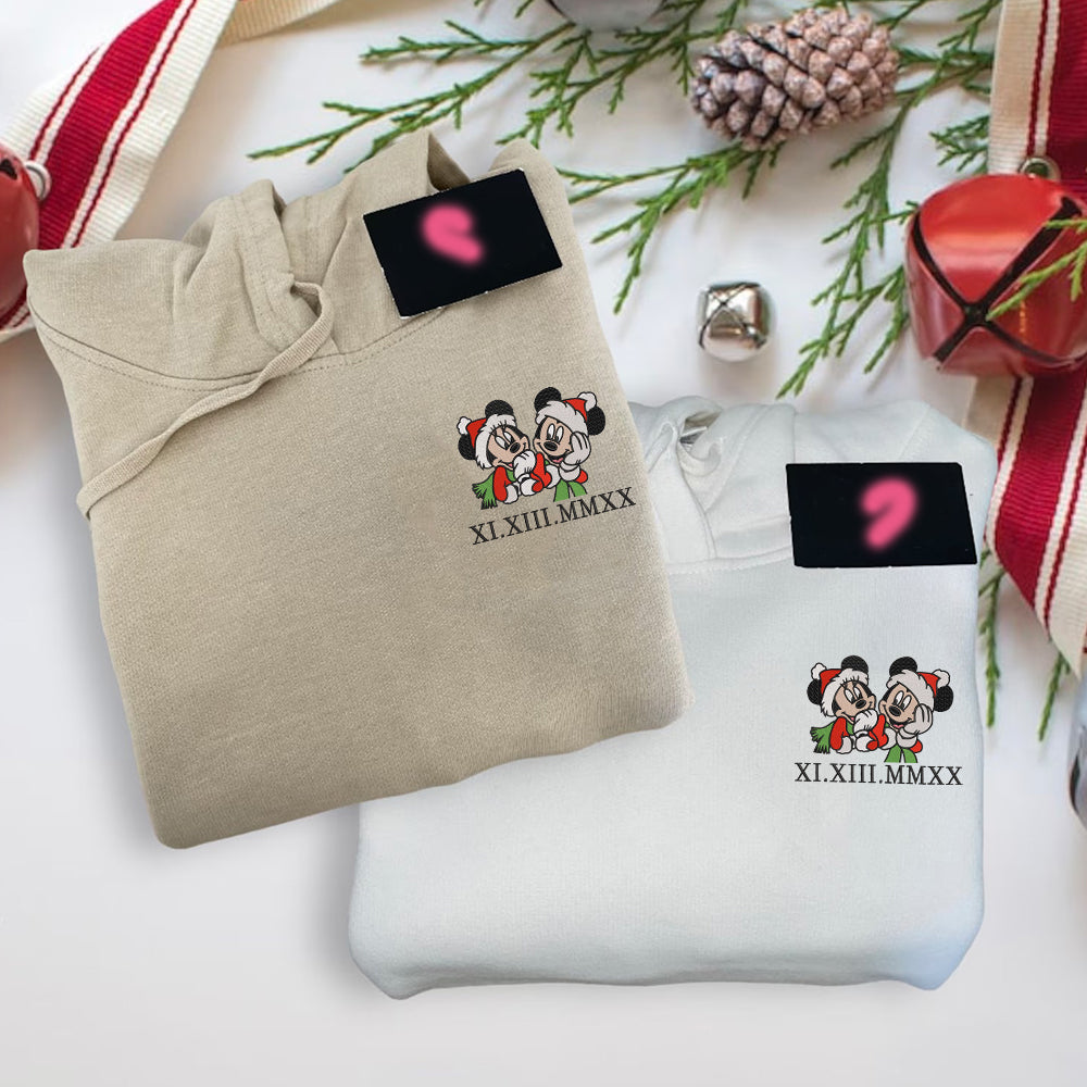 Custom Embroidered Roman Numeral Date Hoodies For Couples, Cute Cartoon Mouses Christmas Couples Embroidered Hoodie