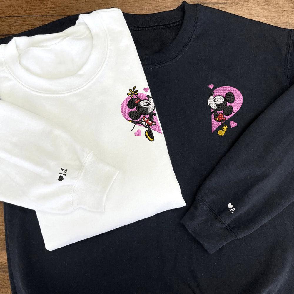 Custom Embroidered Sweatshirts For Couples, Custom Matching Couple Sweatshirt, Mouses Heart Cartoon Couples Embroidered Crewneck Sweater
