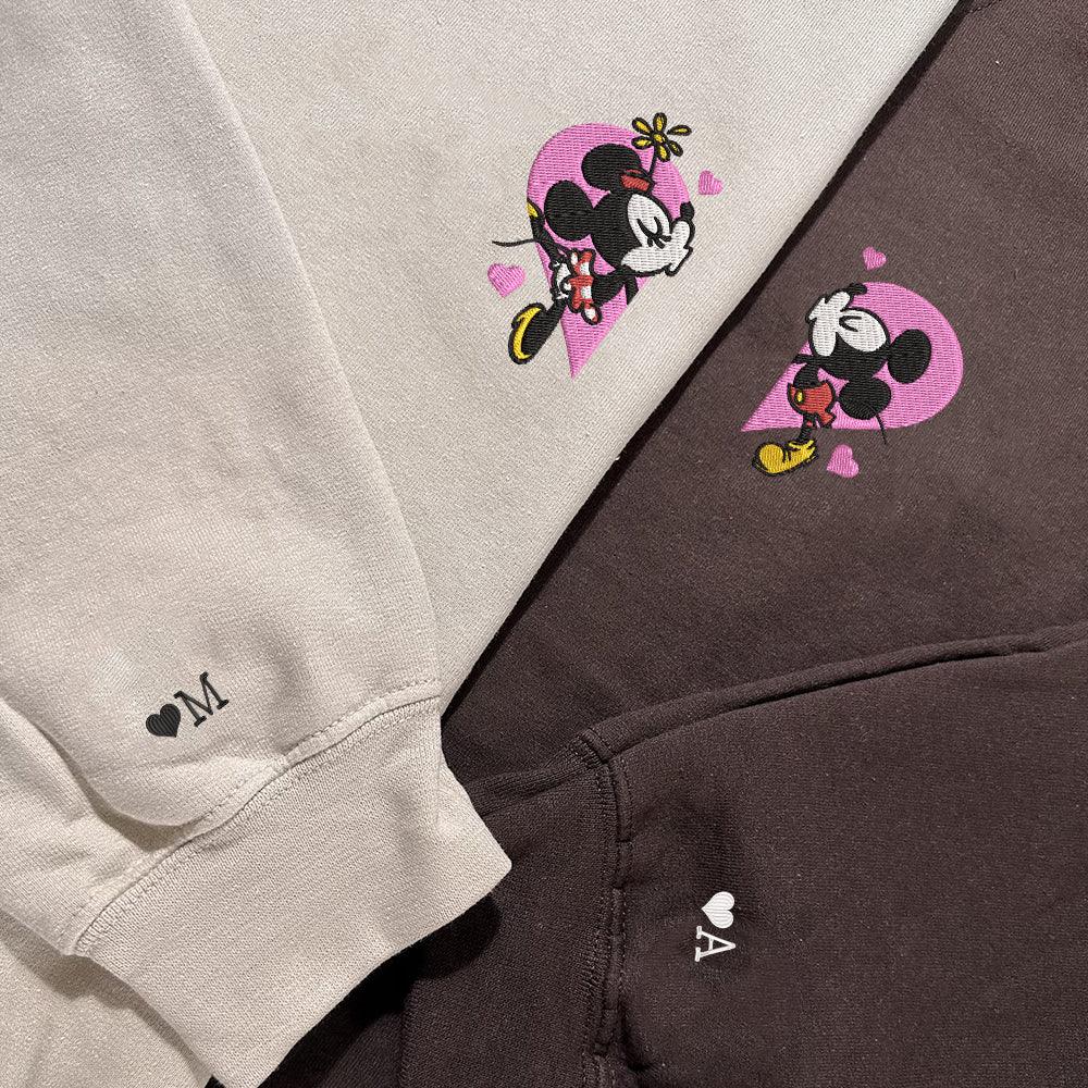 Custom Embroidered Sweatshirts For Couples, Custom Matching Couple Sweatshirt, Mouses Heart Cartoon Couples Embroidered Crewneck Sweater