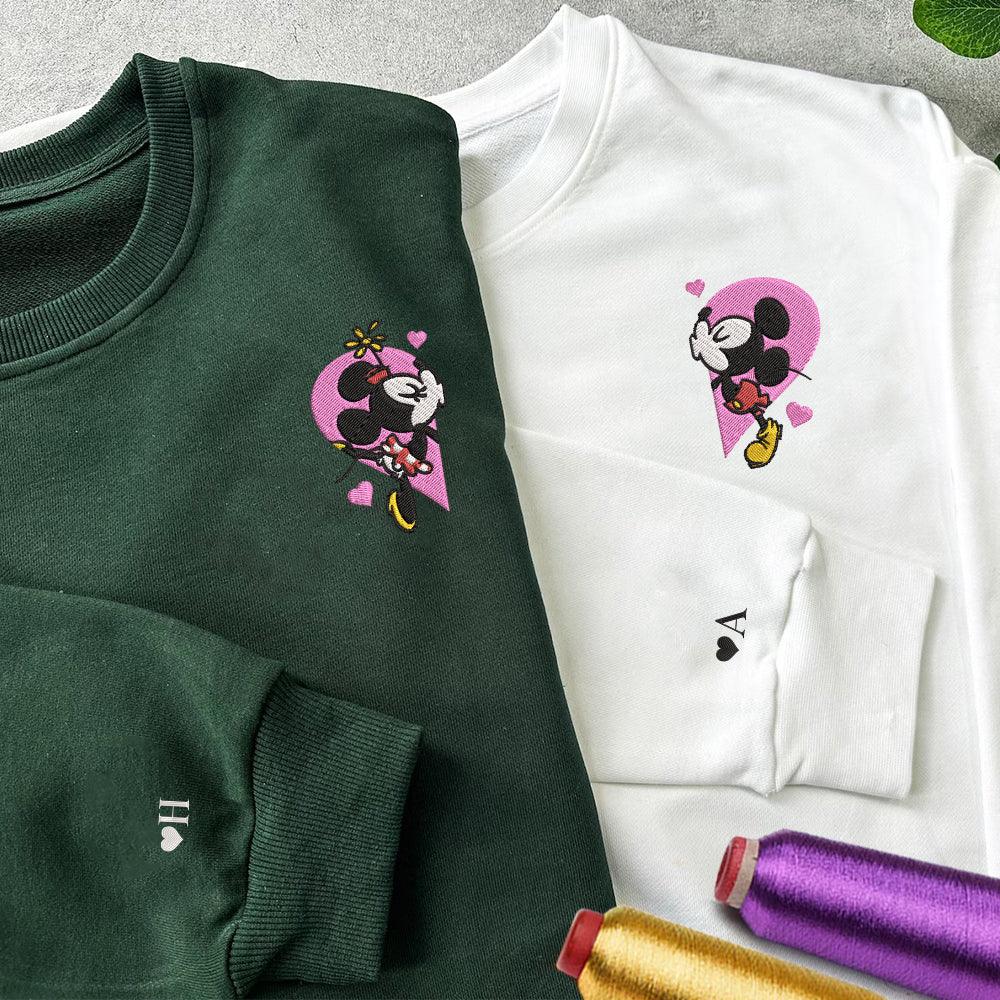 Custom Embroidered Sweatshirts For Couples, Custom Matching Couple Sweatshirt, Mouses Heart Cartoon Couples Embroidered Crewneck Sweater