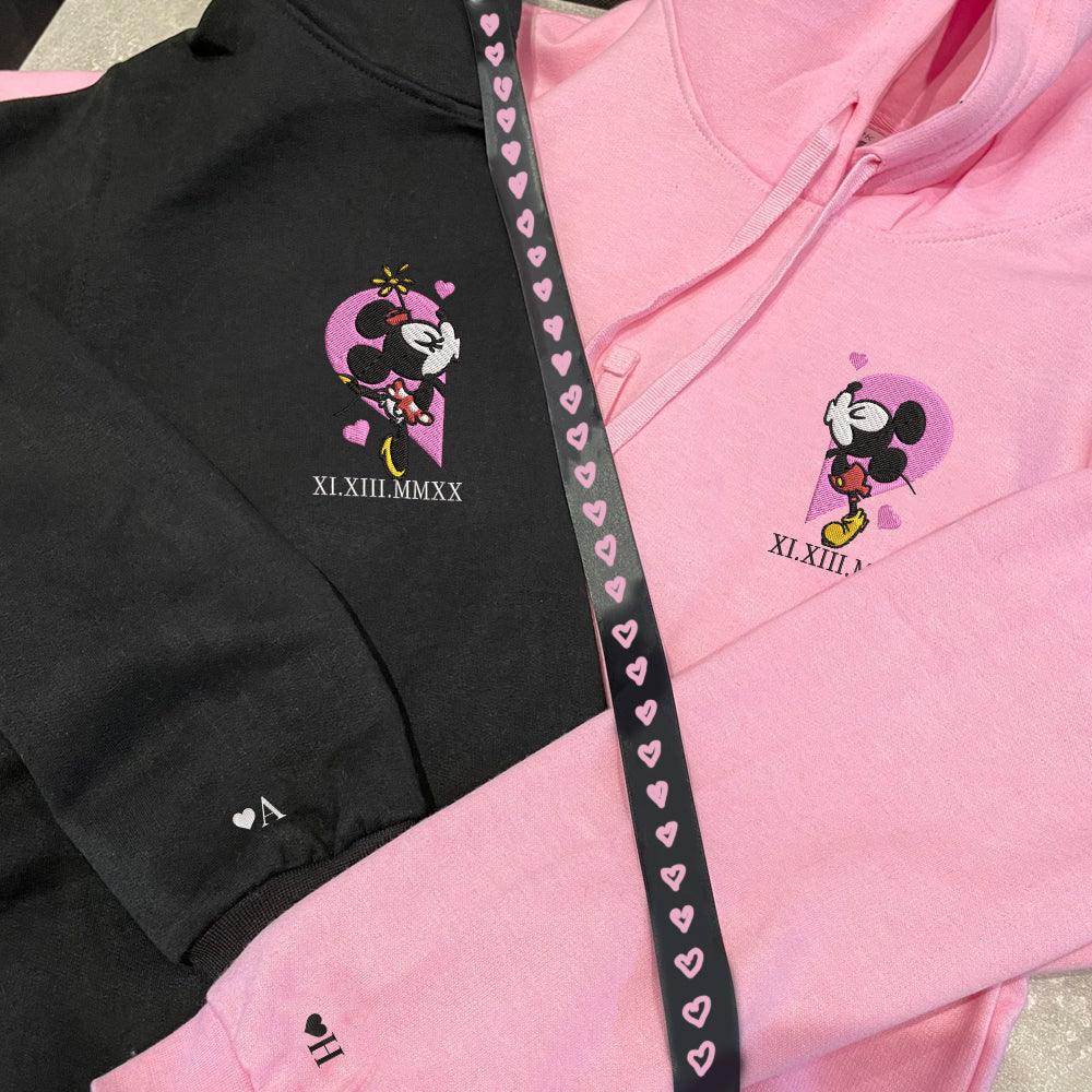 Custom Embroidered Roman Numeral Hoodies For Couples, Roman Numeral Date Hoodie, Mouses Heart Cartoon Couples Embroidered Hoodie