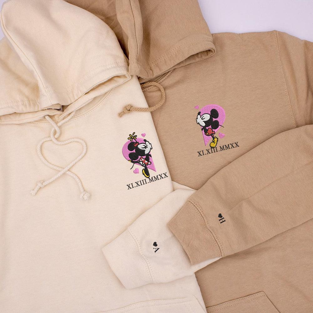 Custom Embroidered Roman Numeral Hoodies For Couples, Roman Numeral Date Hoodie, Mouses Heart Cartoon Couples Embroidered Hoodie