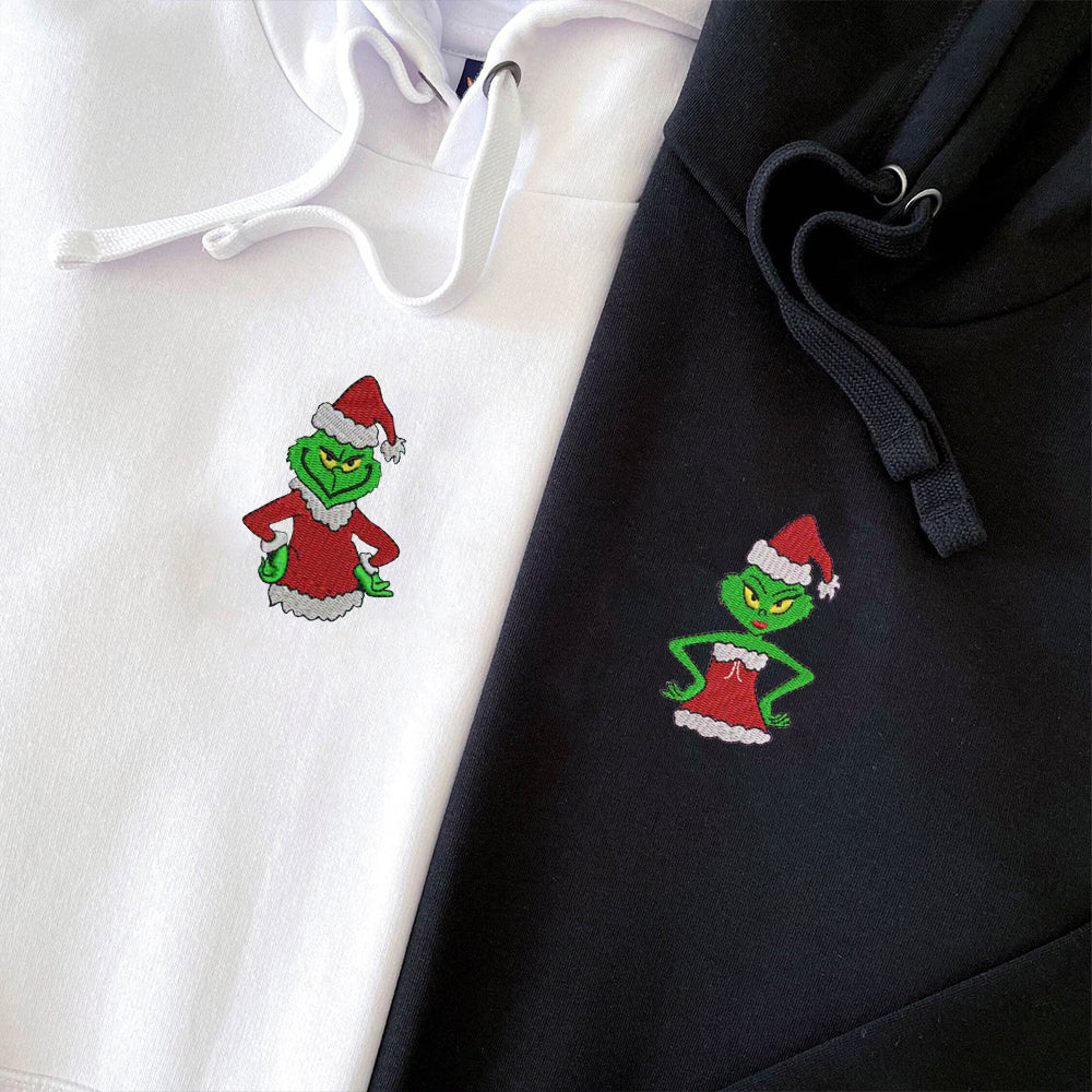 Custom Embroidered Hoodies For Couples, Personalized Couple Hoodies, His Her Hoodies, Cute Green Christmas Cartoon Couples Embroidered Hoodie