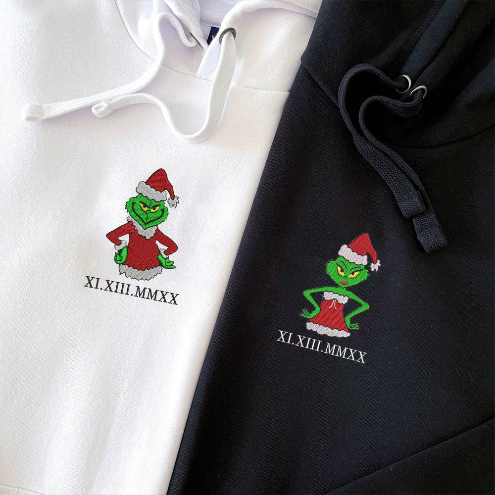 Custom Embroidered Roman Numeral Hoodies For Couples, Roman Numeral Date Hoodie, Christmas Green Cartoon Couples Embroidered Hoodie