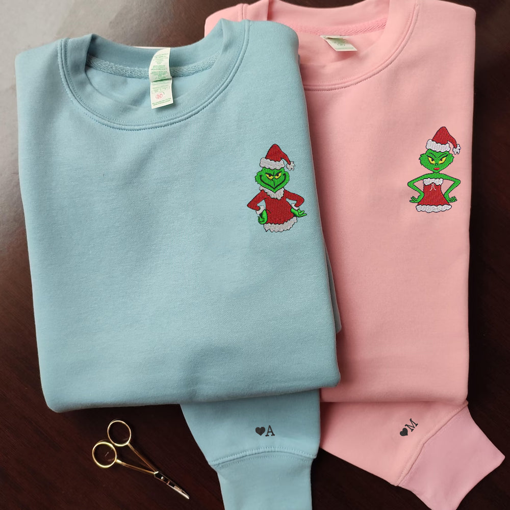 Custom Embroidered Sweatshirts For Couples, Custom Matching Couple Sweatshirt, Cute Green Christmas Cartoons Couples Embroidered Crewneck Sweater