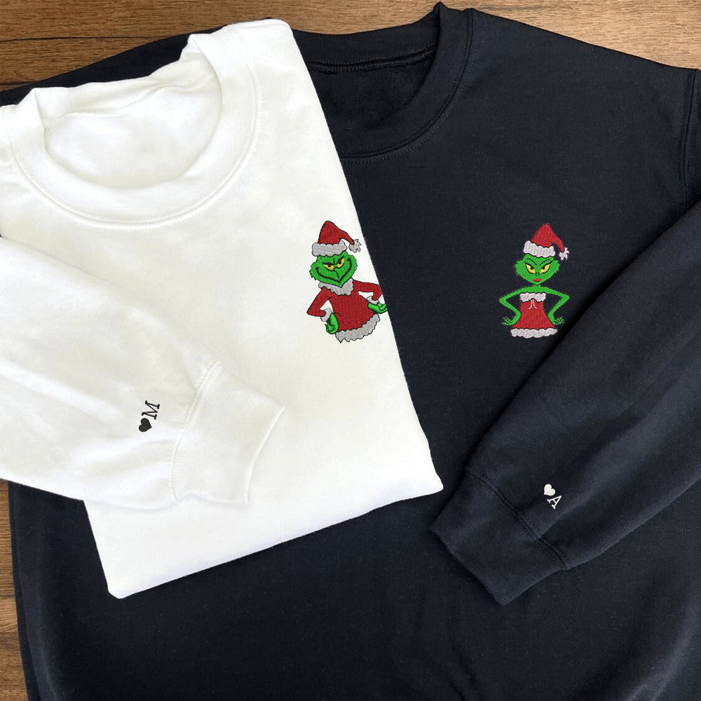 Custom Embroidered Sweatshirts For Couples, Custom Matching Couple Sweatshirt, Cute Green Christmas Cartoons Couples Embroidered Crewneck Sweater