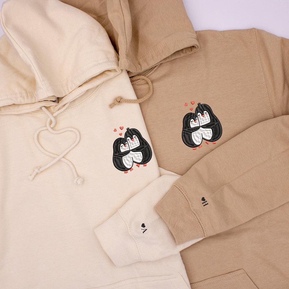 Custom Embroidered Hoodies For Couples, Custom Matching Couple Hoodie, Cute Penguin Couples Embroidered Hoodie