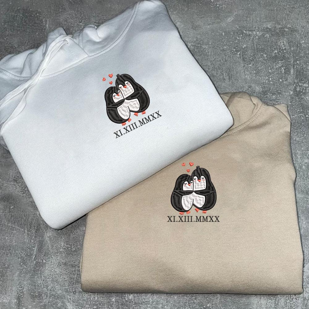 Custom Embroidered Sweatshirts For Couples, Custom Matching Couple Sweatshirt, Cute Penguin Couples Embroidered Crewneck Sweater