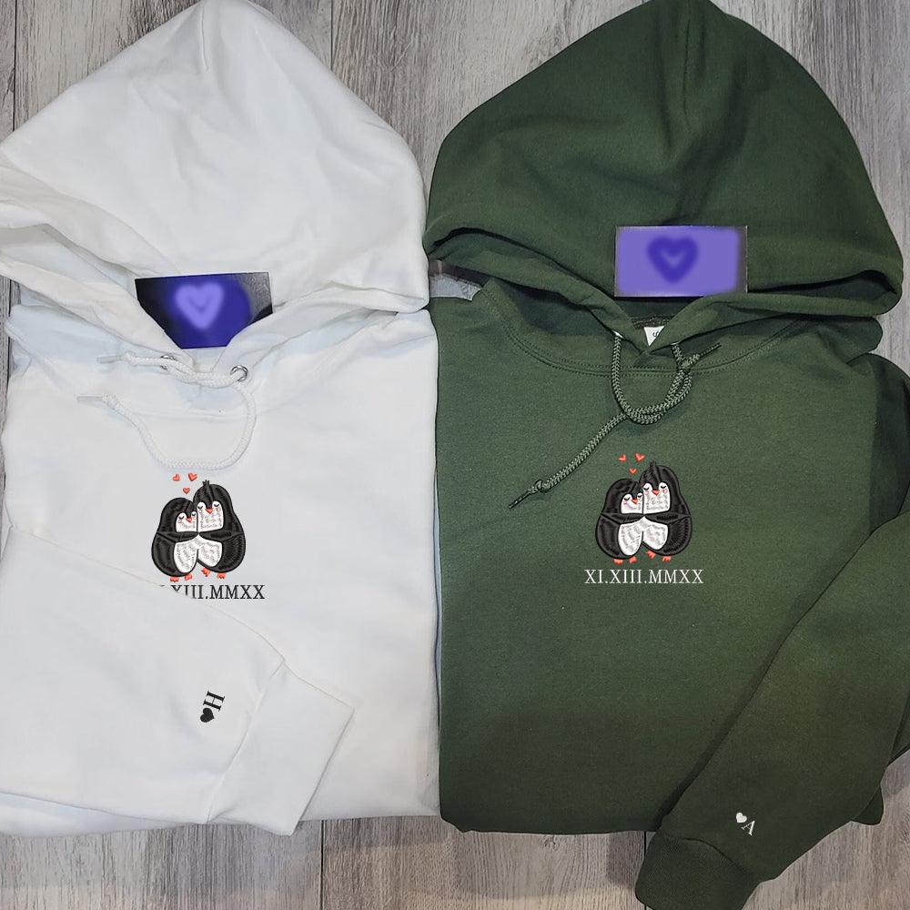 Custom Embroidered Roman Numeral Hoodies For Couples, Roman Numeral Date Hoodie, Cute Penguin Couples Embroidered Hoodie